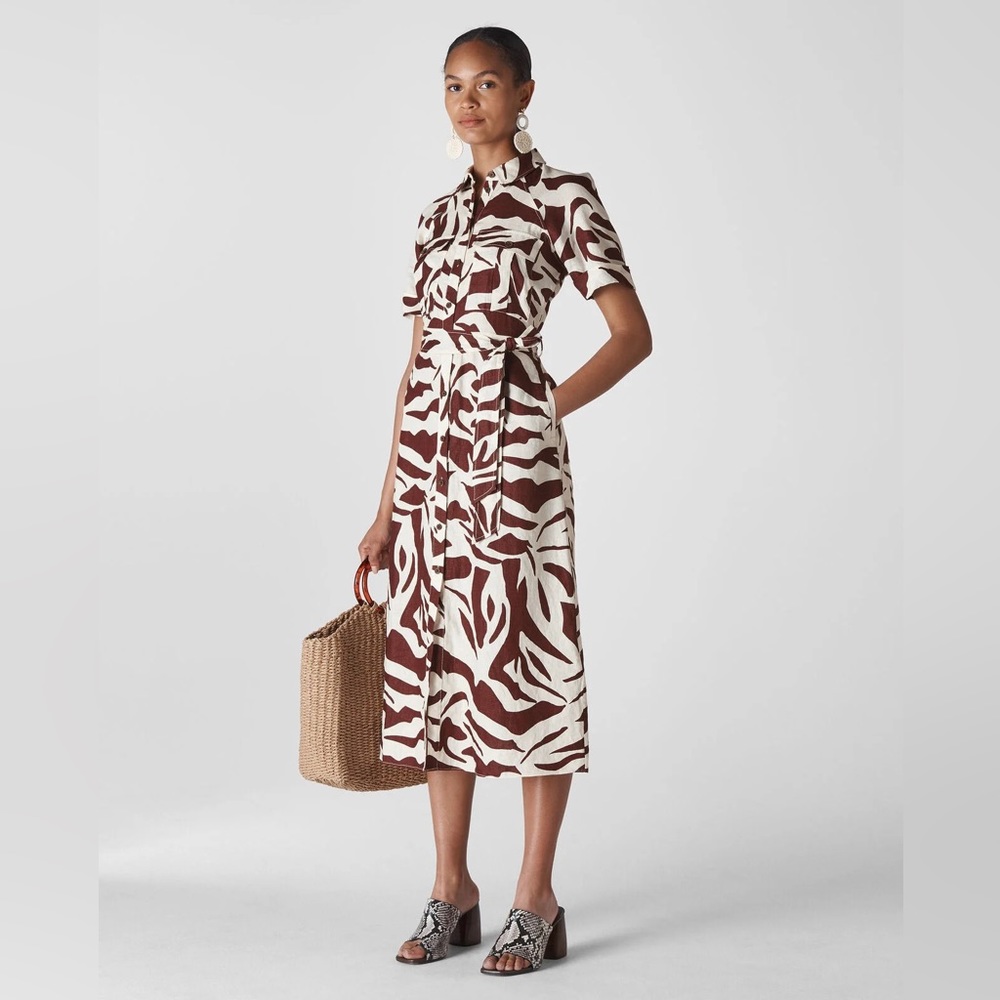 Whistles 100% linen graphic‎ zebra midi shirt dress size 10